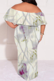 Apricot Sexy Floral Print Flounce Off Shoulder Printed Plus Size Dresses