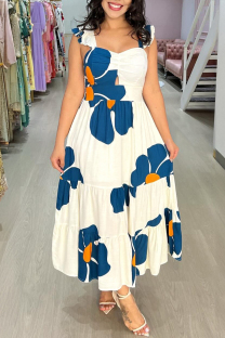 White Casual Daily Vacation Floral Print Hollow Out Backless Square Neck Long Dresses