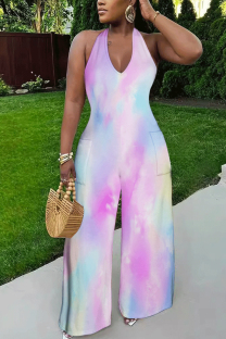 Light Purple Casual Gradient Print Tie Dye Pocket Backless Contrast Halter Loose Jumpsuits