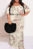Apricot Sexy Floral Print Flounce Off Shoulder Printed Plus Size Dresses