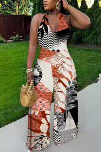 Red Sexy Geometric Print Tiger Stripes Pocket Backless Contrast Halter Loose Jumpsuits