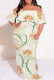 Apricot Sexy Floral Print Flounce Off Shoulder Printed Plus Size Dresses