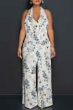 Blue Purple Sexy Floral Print Pocket Backless Halter Loose Jumpsuits