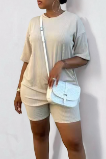 Khaki Casual Solid Color Patchwork O Neck Short Sleeve Two Pieces