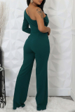 Ink Green Casual Daily Elegant Solid Color Backless Oblique Collar Bodycon Jumpsuits