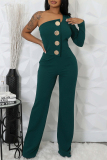 Ink Green Casual Daily Elegant Solid Color Backless Oblique Collar Bodycon Jumpsuits