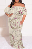 Apricot Sexy Floral Print Flounce Off Shoulder Printed Plus Size Dresses