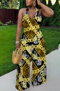 Gold Sexy Geometric Print Tiger Stripes Pocket Backless Contrast Halter Loose Jumpsuits