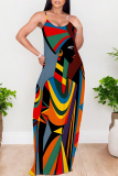 Gray Blue Sexy Graffiti Print portrait Pocket Contrast U Neck Sling Dresses