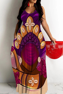 Purple Sexy Graffiti Print portrait Pocket Contrast U Neck Sling Dresses