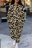 Green Casual Leopard Print Pocket Contrast O Neck Long Sleeve Two Pieces