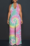 Shallow Yellow Casual Gradient Print Tie Dye Pocket Backless Contrast Halter Loose Jumpsuits