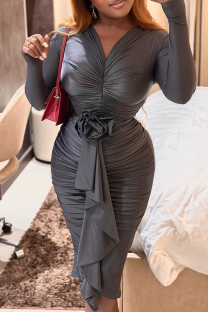 Dark Gray Elegant Solid Color Patchwork Ruched Flower Shape V Neck Wrapped Skirt Dresses