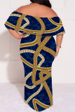 Apricot Sexy Floral Print Flounce Off Shoulder Printed Plus Size Dresses
