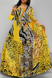Golden Yellow Casual Snakeskin Print Leopard Tiger Stripes Pocket With Belt Contrast O Neck Printed Dresses