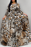 Golden Yellow Casual Snakeskin Print Leopard Tiger Stripes Pocket With Belt Contrast O Neck Printed Dresses