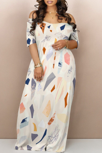 Beige Casual Geometric Print Flowers Contrast V Neck Printed Dresses