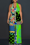 Red Sexy Geometric Print Tiger Stripes Pocket Backless Contrast Halter Loose Jumpsuits