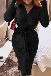 Black Elegant Solid Color Patchwork Ruched Flower Shape V Neck Wrapped Skirt Dresses