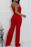Ink Green Casual Daily Elegant Solid Color Backless Oblique Collar Bodycon Jumpsuits