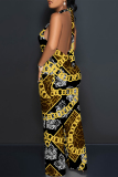 Red Sexy Geometric Print Tiger Stripes Pocket Backless Contrast Halter Loose Jumpsuits