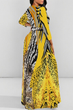 Golden Yellow Casual Snakeskin Print Leopard Tiger Stripes Pocket With Belt Contrast O Neck Printed Dresses