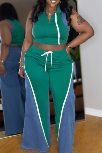 Green Casual Lace Up Zipper Contrast Zipper Collar Sleeveless Two Pieces
