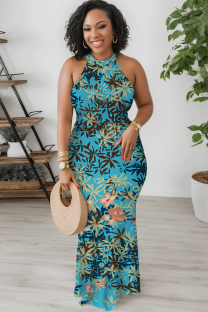 Blue Sexy Floral Print Contrast O Neck Printed Dresses