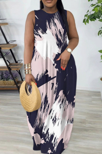 Blue Pink Casual Colorblock Print Gradient Pocket Contrast O Neck Printed Dresses