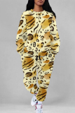 Green Casual Leopard Print Pocket Contrast O Neck Long Sleeve Two Pieces