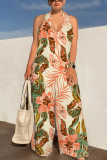 Blue Purple Sexy Floral Print Pocket Backless Halter Loose Jumpsuits