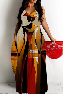Earth Yellow Sexy Graffiti Print portrait Pocket Contrast U Neck Sling Dresses