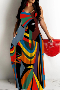 Gray Blue Sexy Graffiti Print portrait Pocket Contrast U Neck Sling Dresses