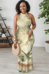 Light Green Sexy Floral Print Contrast O Neck Printed Dresses