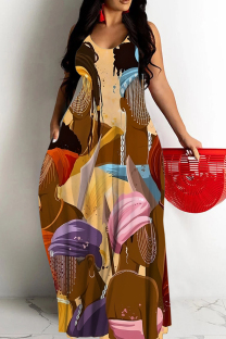 Light Yellow Sexy Graffiti Print portrait Pocket Contrast U Neck Sling Dresses