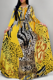 Golden Yellow Casual Snakeskin Print Leopard Tiger Stripes Pocket With Belt Contrast O Neck Printed Dresses