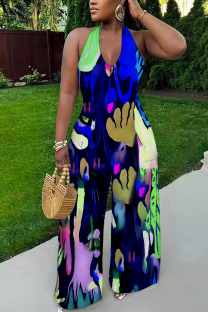 Blue Sexy Geometric Print Tiger Stripes Pocket Backless Contrast Halter Loose Jumpsuits