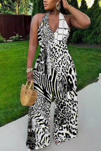 Black And White Sexy Geometric Print Tiger Stripes Pocket Backless Contrast Halter Loose Jumpsuits