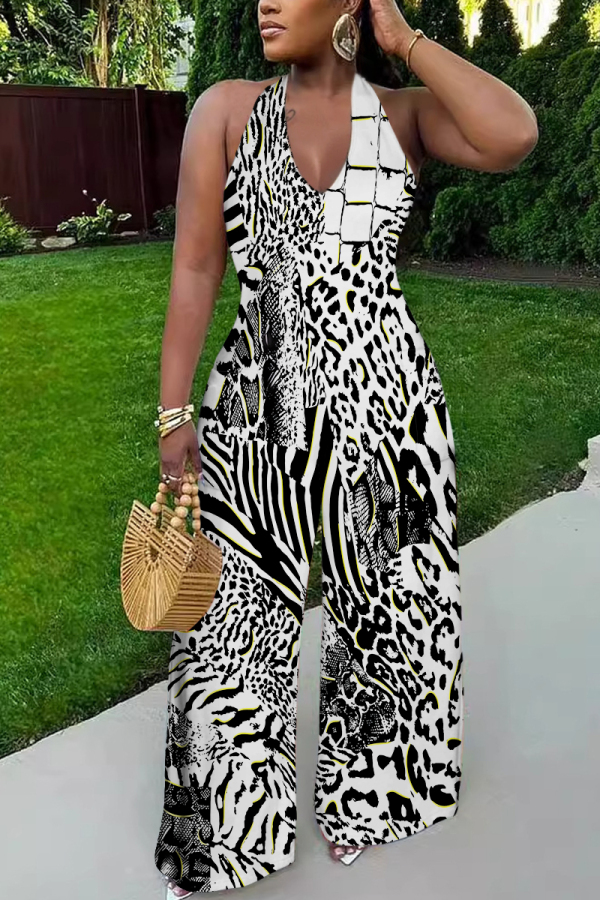 Black And White Sexy Geometric Print Tiger Stripes Pocket Backless Contrast Halter Loose Jumpsuits
