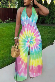 Rainbow Color Casual Gradient Print Tie Dye Pocket Backless Contrast Halter Loose Jumpsuits