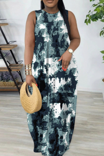 Dark Blue Casual Colorblock Print Gradient Pocket Contrast O Neck Printed Dresses