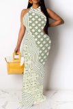 Beige Sexy Floral Print Contrast O Neck Printed Dresses