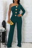 Ink Green Casual Daily Elegant Solid Color Backless Oblique Collar Bodycon Jumpsuits