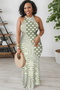 Beige Sexy Floral Print Contrast O Neck Printed Dresses