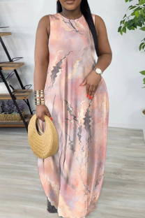 Pink Casual Colorblock Print Gradient Pocket Contrast O Neck Printed Dresses