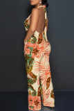 Blue Purple Sexy Floral Print Pocket Backless Halter Loose Jumpsuits