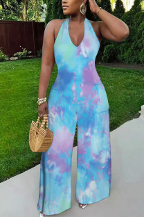 Blue Casual Gradient Print Tie Dye Pocket Backless Contrast Halter Loose Jumpsuits