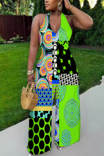 Green Sexy Geometric Print Tiger Stripes Pocket Backless Contrast Halter Loose Jumpsuits