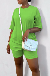 Green Casual Solid Color Patchwork O Neck Short Sleeve Two Pieces