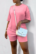 Pink Casual Solid Color Patchwork O Neck Short Sleeve Two Pieces